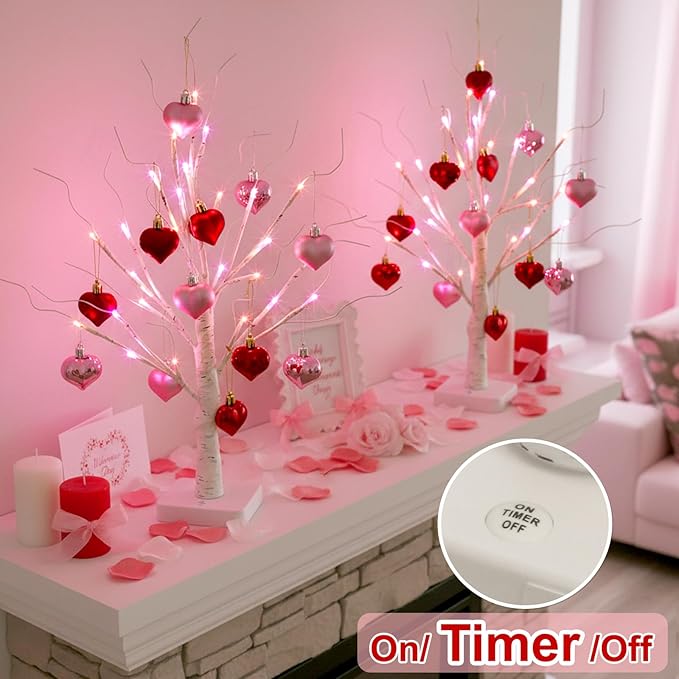 Valentines Day Decorations 2Pack Birch Tree with Hanging Heart-Shaped Ornaments, Lighted Artificial Trees with 24 LED Pink&Red Lights, Light Up Twig Tabletop Battery Operated for Home Indoor Table