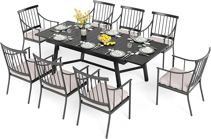 PHI VILLA 9 Pieces Outdoor Dining Set for 8, 84" Long Expandable Metal Table & Heavy-Duty Wrought Iron Chairs with Cushions, Large Furniture Set for Patio, Deck, Yard, Porch - Black