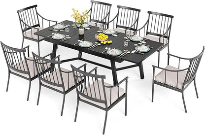 PHI VILLA 9 Pieces Outdoor Dining Set for 8, 84" Long Expandable Metal Table & Heavy-Duty Wrought Iron Chairs with Cushions, Large Furniture Set for Patio, Deck, Yard, Porch - Black