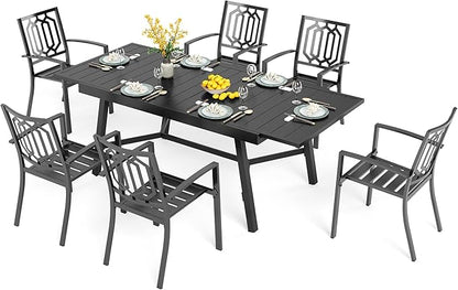PHI VILLA 7 Pieces Outdoor Dining Set for 6, 84" Long Expandable Metal Steel Table & Stacking Wrought Iron Chairs, Modern Furniture Set for Patio, Deck, Yard, Porch - Black