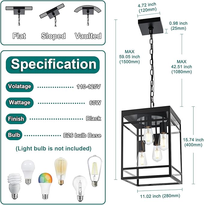 Large Outdoor Pendant Light for Porch, Black Outdoor Hanging Pendant Lighting Fixture, Exterior Linear Chandelier Hanging Lantern for Outside Patio,Front Door