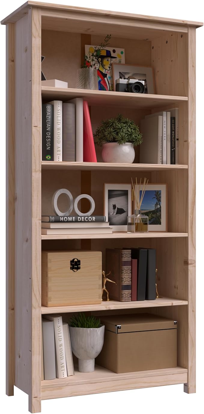 From the Tree Furniture Solid Pine Wood Bookcase – Tall Bookshelf with 4 Adjustable Shelves for Home, Office & Kids Room