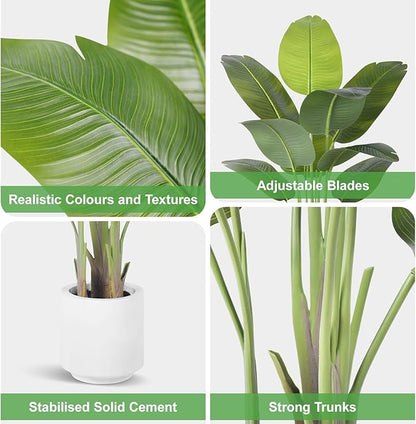 Artificial Bird of Paradise Plant 4Ft Tall Fake Tropical Palm Tree Large Fake Plants with 9 Silk Banana Leaves Faux Plant Indoor Decor Trees with White Pot for Home Bedroom Living Room Office（2pcs）