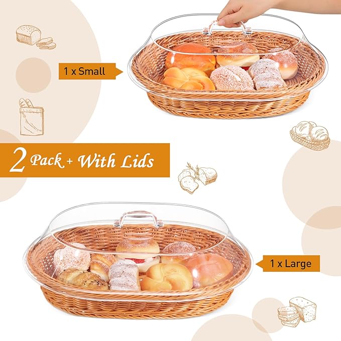 Hushee 2 Set Imitation Rattan Bread Basket with Lid Wicker Bread Baskets for Serving Woven Fruit Basket with Cover Oval Food Baskets for Food Vegetables Display(13.78 x 9.84 Inch, 15.75 x 11.81 Inch)