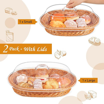 Hushee 2 Set Imitation Rattan Bread Basket with Lid Wicker Bread Baskets for Serving Woven Fruit Basket with Cover Oval Food Baskets for Food Vegetables Display(13.78 x 9.84 Inch, 15.75 x 11.81 Inch)