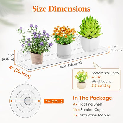 Lifewit Window Plant Floating Shelves 15 x 4 inch, 4 Pack Acrylic Suction Cup Shelf, Window Sill Extender for Indoor Succulent Plants, Micro Greens, Seed Starter Pots, Herb Planters