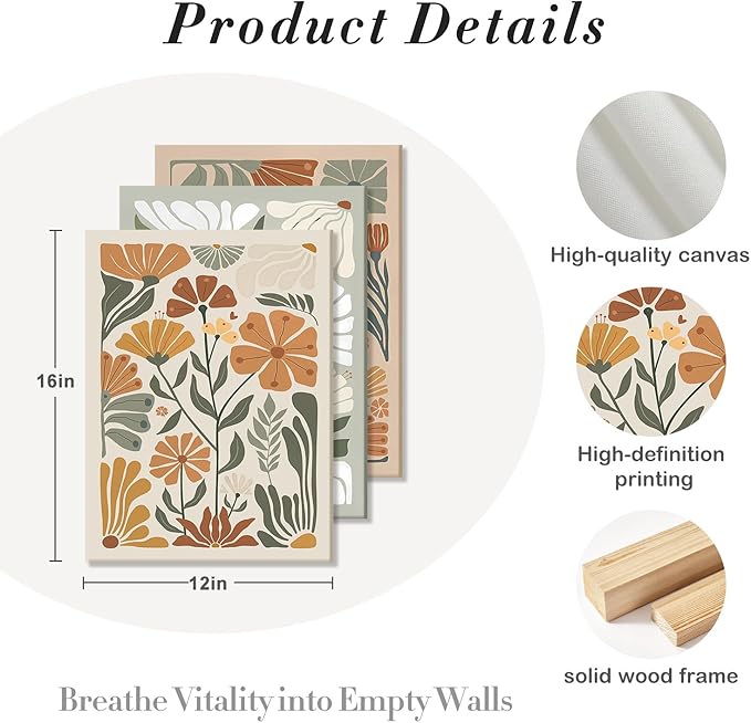 Kdyudo 3 pcs Framed Bohemian Wildflower wall art, Abstract Floral Canvas Print Green and Beige Hand-Painted Botanical Poster Modern Minimalist Style Wall Decor for Bedroom and Living Room 12x16 Inch
