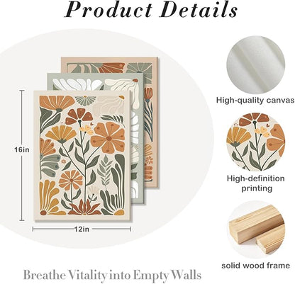 Kdyudo 3 pcs Framed Bohemian Wildflower wall art, Abstract Floral Canvas Print Green and Beige Hand-Painted Botanical Poster Modern Minimalist Style Wall Decor for Bedroom and Living Room 12x16 Inch