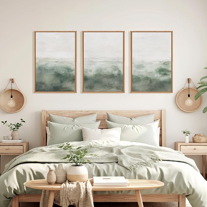 Large Abstract Sage Green Framed Canvas Wall Art,Neutral White and Grey Wall Decor,Modern Pastel Wall Painting,Illustrations Artwork for Living Room,Bedroom,Dining Room,Office -16"x24"x3
