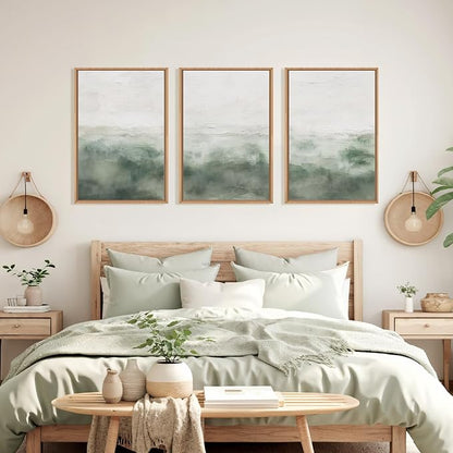 Large Abstract Sage Green Framed Canvas Wall Art,Neutral White and Grey Wall Decor,Modern Pastel Wall Painting,Illustrations Artwork for Living Room,Bedroom,Dining Room,Office -16"x24"x3