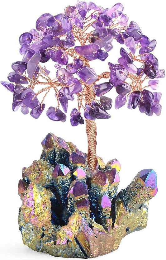 Natural Amethyst Decor Crystal Tree of Life Quartz Rainbow Tatinium Base Healing Crystals Feng Shui Bonsai Handmade Money Tree for Wealth and Luck