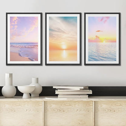 Ashbrook Framed Wall Art Print Set Pastel Dawn Sunset Ocean Beach Wave Landscape Nature Wilderness Photography Modern Art Scenic Colorful Chic for Living Room, Bedroom, Office - 24"x36"x3 Black