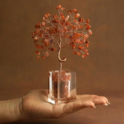 Crystal Tree for Home Decor 6.5 Inch Carnelian Gem Plant with 147 Stones Spiritual Decor Healing Energy Bonsai Tree Handmade Gift for Meditation Room Office Women & Men