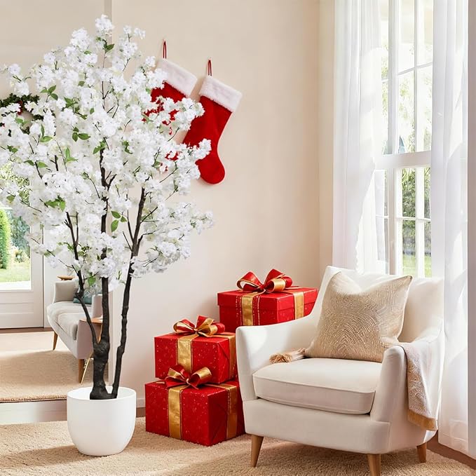 Large Artificial Cherry Blossoms Tree Indoor Faux Cherry Blossom Tree White 6FT Bedroom Trees for Home Christmas New Year Decor