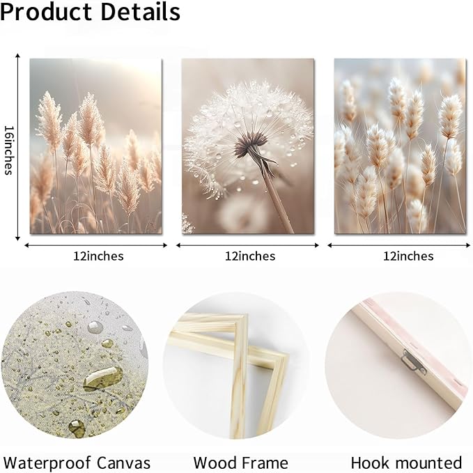AoArtWZ Dandelion Canvas Wall Art Beige Pampas Plant Flower in Sunshine Picture Prints Artwork for Home Living Room Decor Framed 12" x 16" x 3pcs