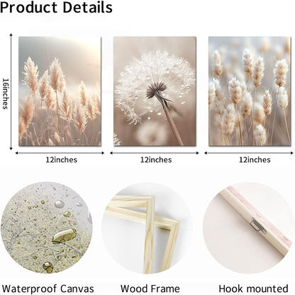 AoArtWZ Dandelion Canvas Wall Art Beige Pampas Plant Flower in Sunshine Picture Prints Artwork for Home Living Room Decor Framed 12" x 16" x 3pcs