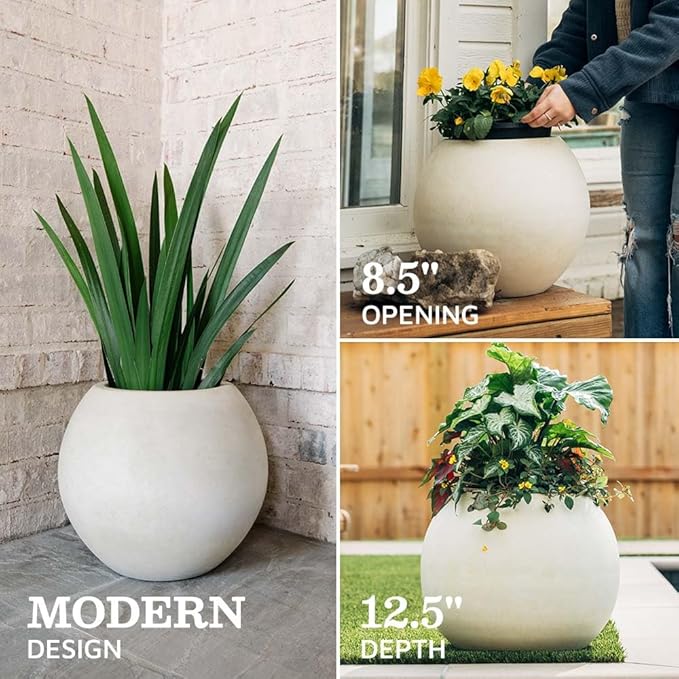 Ash & Ember 16" Round Sphere Satin Ivory Planter, 14 Gallon Lightweight Fiberstone Composite with Weather-Resistant Finish, Modern Planter Pot for Indoor and Outdoor Plants