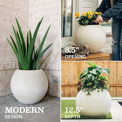 Ash & Ember 16" Round Sphere Satin Ivory Planter, 14 Gallon Lightweight Fiberstone Composite with Weather-Resistant Finish, Modern Planter Pot for Indoor and Outdoor Plants