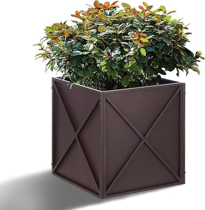 BAYN Metal Square Planter Box Tall Planters for Outdoor Plants Modern Heavy Duty with Drainage Holes for Outside Indoor Patio Deck - Brown, 17”x 17”x 18”