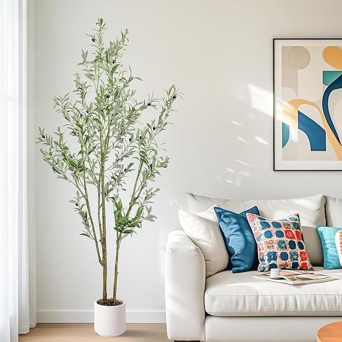 Artificial Fake Olive Tree 6FT Tall 1Pack with White Planter Faux Silk Olive Tree for Home Living Room Office Decor Faux Artificial Plants Indoor with Fruit & Free Moss
