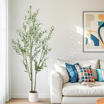 Artificial Fake Olive Tree 6FT Tall 1Pack with White Planter Faux Silk Olive Tree for Home Living Room Office Decor Faux Artificial Plants Indoor with Fruit & Free Moss
