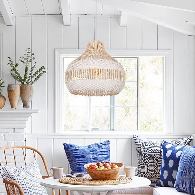 Arturesthome Rattan Chandelier for Kitchen Island,15.72" White Boho Woven Basket Pendant Light,Handmade Wicker Hanging Light for Living Room,Bedroom