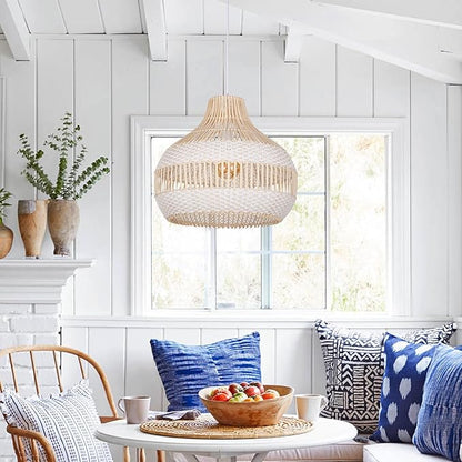 Arturesthome Rattan Chandelier for Kitchen Island,15.72" White Boho Woven Basket Pendant Light,Handmade Wicker Hanging Light for Living Room,Bedroom
