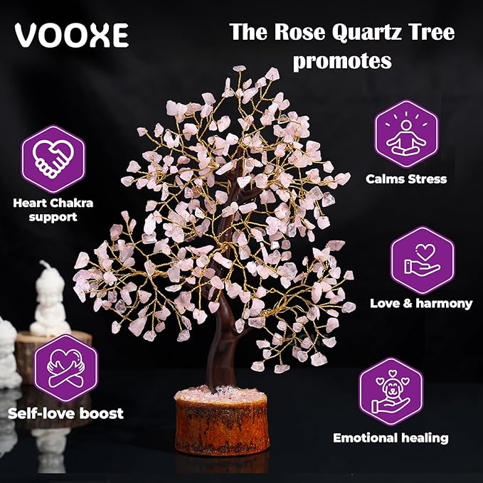 Rose Quartz Tree Handmade Healing Gemstone Bonsai Home, Office, & Desk Decor - Feng Shui Money Tree with Crystals & Healing Stones (Rose Quartz Crystal)
