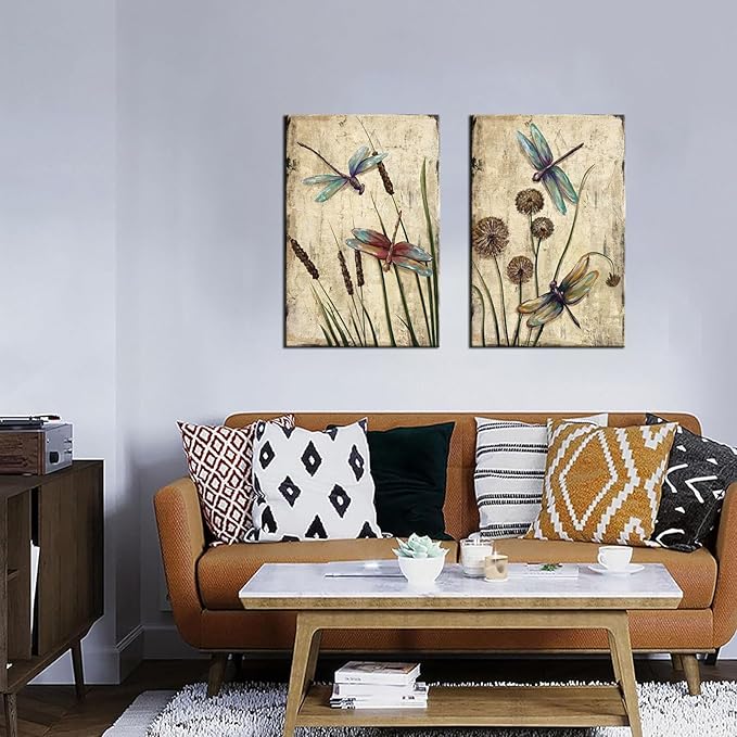 KLVOS Dragonfly Canvas Wall Art Decor Vintage Insect Dragonflies Dandelion Picture Print on Canvas Modern Animal Artwork Framed for Bedroom Bathoom Ready To Hang