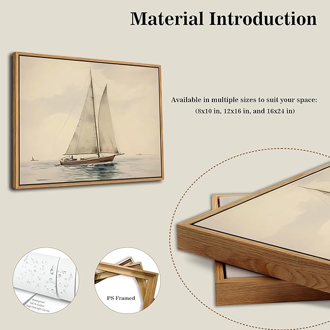 Floating Framed Canvas Wall Art, Vintage Sailboat Ocean Picture Wall Decor, White Sailboat Seascape Poster Print Painting for Living Room Bedroom Bathroom Office Home Decor 8x10 inch
