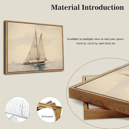 Floating Framed Canvas Wall Art, Vintage Sailboat Ocean Picture Wall Decor, White Sailboat Seascape Poster Print Painting for Living Room Bedroom Bathroom Office Home Decor 8x10 inch