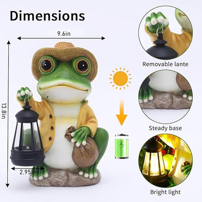Frog Garden Statue with Solar Lantern - Large 13 in Solar Frog Statue Outdoor for Yard, Patio, Porch, Lawn and Balcony Decorations, Gift for Gardeners and Housewarming