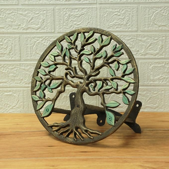 Zeckos Green/Bronze Finish Cast Iron Tree of Life Decorative Wall-Mounted Garden Hose Hanger - Stylish Outdoor Hose Holder Décor - 12-Inch Diameter - Weather-Resistant