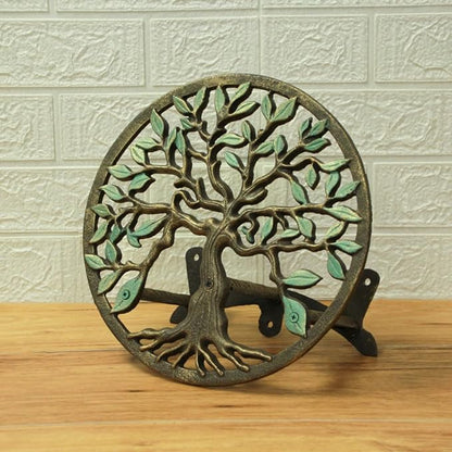 Zeckos Green/Bronze Finish Cast Iron Tree of Life Decorative Wall-Mounted Garden Hose Hanger - Stylish Outdoor Hose Holder Décor - 12-Inch Diameter - Weather-Resistant