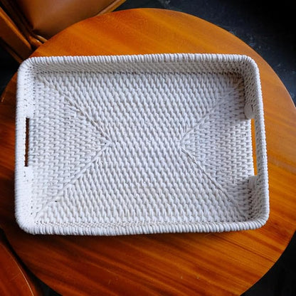 Rectangle Rattan- Handmade Serving Tray-Decorative Woven Ottoman-Trays with Handles for Coffee Table Natural Basket Wave Tray, L-11.7inch & H-2.3inch (White)