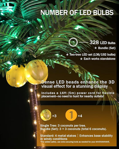 LED Palm Tree Lights, 7ft Artificial Palm Tree, Reinforced Heavy-Duty Base, 192 LEDs, All-Weather, Indoor/Outdoor, Timer & Dimming, UL/ETL Listed