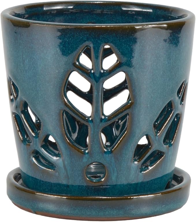 W&W Orchid Pot with Holes and Saucer for Repotting, Teal, 5.5 Inches