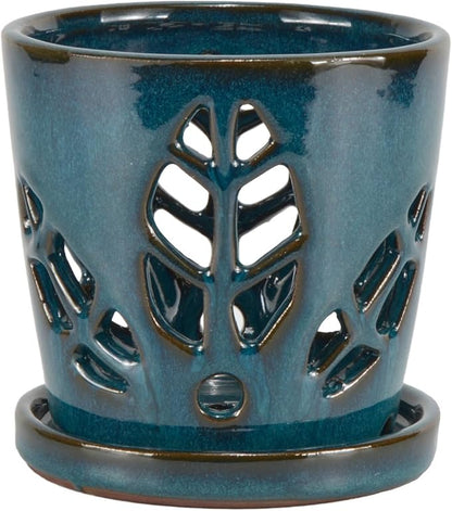 W&W Orchid Pot with Holes and Saucer for Repotting, Teal, 5.5 Inches