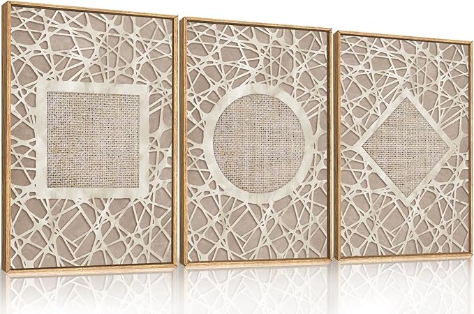 Large Boho Neutral Geometric Framed Canvas Wall Art,Modern Circle Square and Rhombus Wall Decor,Minimalist Shapes Artwork,Abstract Mid Century Art Print For Living Room,Bedroom,Office-16"x24"x3