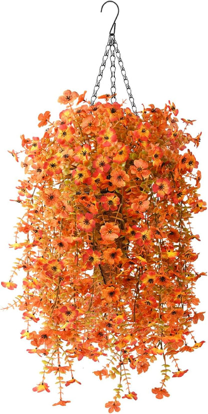 Artificial Fall Fake Flowers for Outdoor, 2 Pcs Fake Mums Faux Hanging Flowers Outdoor Fall Decor, UV Resistant Silk Flower for Front Door Porch Planters Patio Yard Garden(Orange Sunset Red)