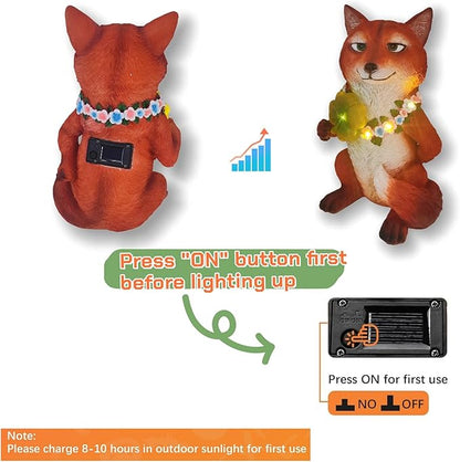 Solar Red Fox Garden Statue 12 Inch, Whimsical Woodland Animal Resin Garden Decor w/ Four-leaf Clover Light, Collectible LED Guardian Fox Outdoor Yard Ornaments for Spring St.Pactrick's Mom Gifts