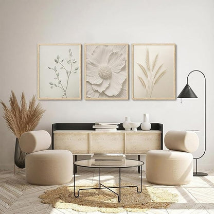 CHMMART 3 Piece Neutral Botanical Framed Wall Art Beige Floral Canvas Art Prints Minimalist Flower Pictures Wall Decor Boho Painting Artwork for Living Room Bedroom Bathroom 16x20in
