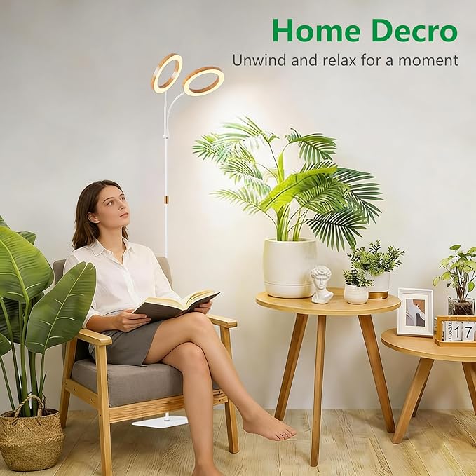 Dual Head Grow Light for Indoor Plants Full Spectrum - Floor Standing Plant Lamp with Auto Timer 6/12/18H, 5-Level Dimmable & Adjustable Height 16.5-68in for Large Tall Plants | Faux Wood Design