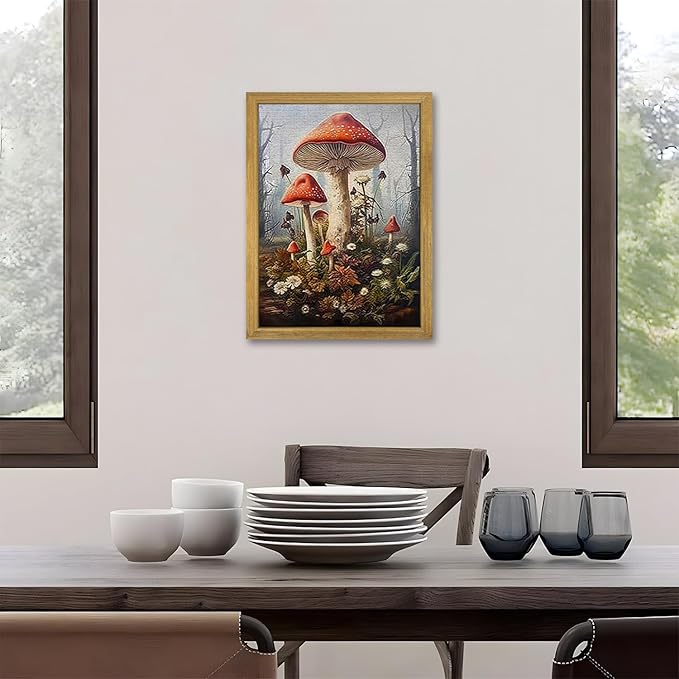 Framed 3D Textured Wall Art, Gothic Dark Mushroom Wall Decor, Vintage Hand Drawn Sandstone Nature Botanical Pictures for Living Room Bathroom Bedroom Dining Room 16x24 inch