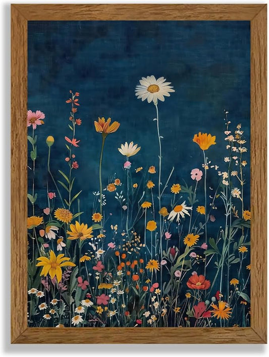Wojuin Framed Dark Blue Botanical Floral Canvas Wall Art, Rustic Colorful Wildflower Artwork Wall Decor, Vibrant Vintage Flower Painting Prints for Living Room Bedroom Bathroom Office 12x16 in