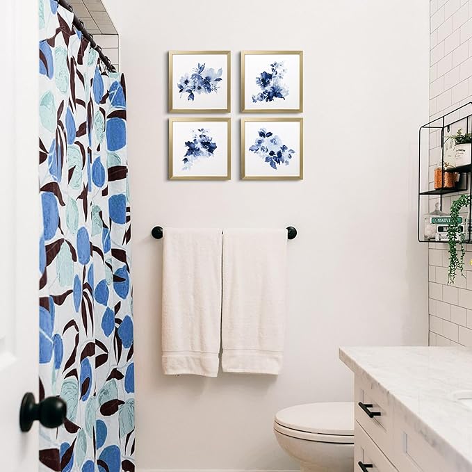 ArtbyHannah Framed Bathroom Wall Decor, Navy Blue Wall Art with Gold Frame and Watercolor Floral Prints Pictures for Kitchen Bedroom Home Decorations (4 Pack, 10x10 Inch)