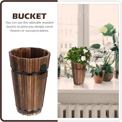 Retro Style Wooden Flowerpot Vintage Carbonized Small Planter Bucket for Garden Balcony Unique Rustic Plant Container