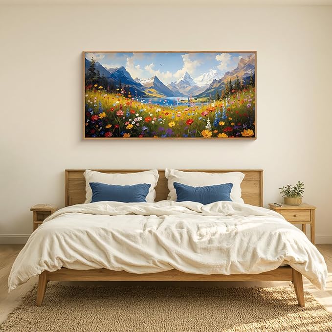 HOURIA Boho Vibrant Watercolor Wildflower & Snowy Mountain Framed Canvas Wall Art Set,Colorful Floral Landscape Decor,Modern Natural Field Scenery Artwork for Living Room,Bedroom,Farmhouse- 20"×40"×1
