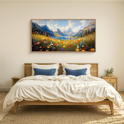 HOURIA Boho Vibrant Watercolor Wildflower & Snowy Mountain Framed Canvas Wall Art Set,Colorful Floral Landscape Decor,Modern Natural Field Scenery Artwork for Living Room,Bedroom,Farmhouse- 20"×40"×1