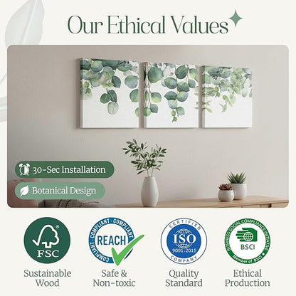 Aria Walls Eucalyptus Wall Art Set of 3 – 16x20 Minimalist Botanical Prints | Framed Sage Green Decor for Bedroom, Living Room, Office | Ready to Hang, Japandi Boho Style